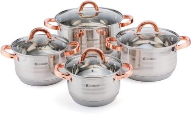 Набір каструль та сковорідок EliteHoff Induktion (8 предметів) з нержавіючої сталі, склокришки, ручки рожевого золота, для всіх типів плит