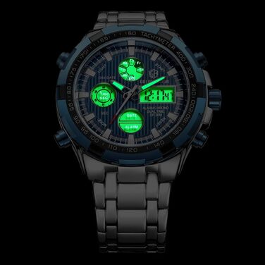 Чоловічий годинник з хронографом: надійний годинник з нержавіючої сталі, водонепроникний, з датою та будильником, аналогово-цифровий дисплей (сріблястий, блакитний)