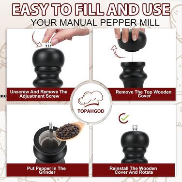 Набір для солі та перцю: ручні млини для перцю та солі, чорного кольору, великі. Дерев'яні млини для спецій з регульованою керамічною помелювальною камерою (від дрібної до грубої). 6,5 дюйми для морської солі, чилі, грубої солі (чорний та білий), 2 шт.