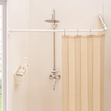 Штанга для душу L-подібної форми, регульована, з 12 кільцями та опорою для стелі, для ванни/ванної кімнати, білий, 60-130см x 60-130см