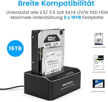 Док-станція для жорстких дисків RSHTECH з двома відсіками, USB 3.0, алюміній, підтримка 2.5/3.5
