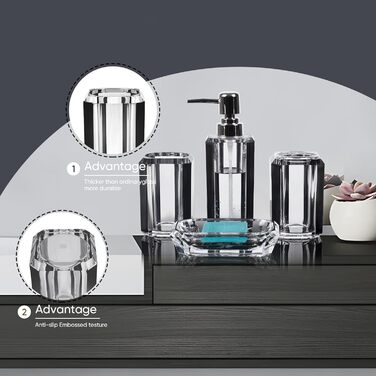 Набір аксесуарів для ванної кімнати з акрилу преміум-класу (4 шт.): диспенсер для миючого засобу, дозатор для лосьйону, мильниця, стакан для ополіскувача, стакан для зубної пасти (чорний, матовий)