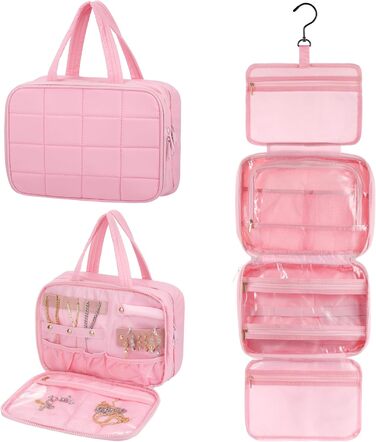 Кришталево-рожева дорожня косметичка для жінок з організатором для прикрас та гачком, водонепроникна, з кількома відділеннями