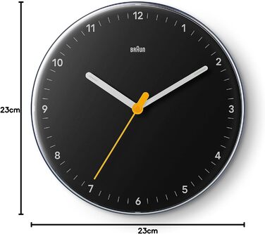 Braun Classic Analog Wall Clock with Silent Quartz Movement, Easy to Read, 23 cm Diameter in Black, Model BC26B.