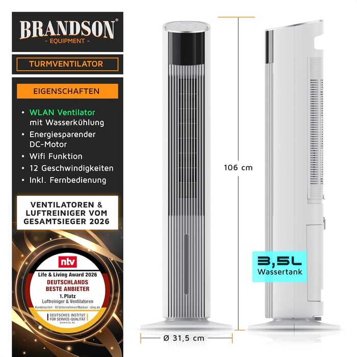 Вентилятор вежний з Wi-Fi та охолодженням Brandson ECO GREEN – розумне охолодження для дому, тихий, з керуванням Alexa, мобільний кондиціонер