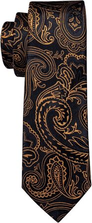 Набір краватки, кишенькового хустинки та запонок Barry.Wang: Шовкова краватка з квітковим візерунком Paisley, чорно-золота, для весілля та свят