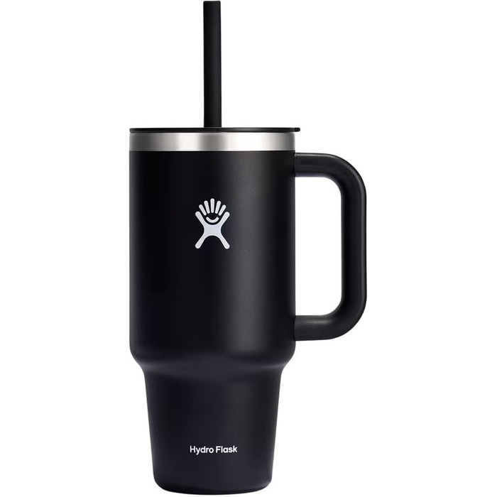 HYDRO FLASK - Travel Tumbler - Thermobecher 946 ml (32 Oz) with Press-In Straw Lid - Stainless Steel - Double-Wall Vacuum Insulation - Splash-Proof Lid - Black