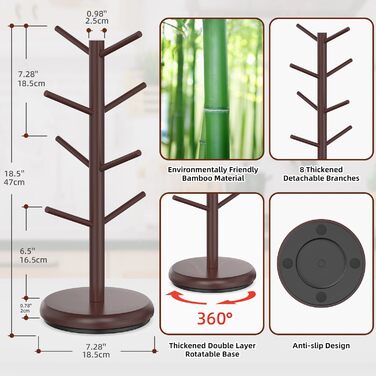 BAMBANG Bamboo Coffee Mug Tree, Swivel Coffee Mug Holder for Countertop, Coffee Mug Shelf with 8 Hooks, Coffee Mug Organizer, Coffee Mug Hanger for Coffee Bar, (Espresso)