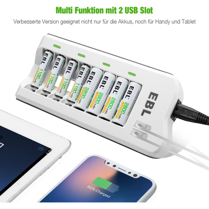 Зарядний пристрій EBL для акумуляторів AA/AAA NI-MH/NI-Cd та USB пристроїв, 8 слотів, LED дисплей, 2 USB порти (без акумуляторів)