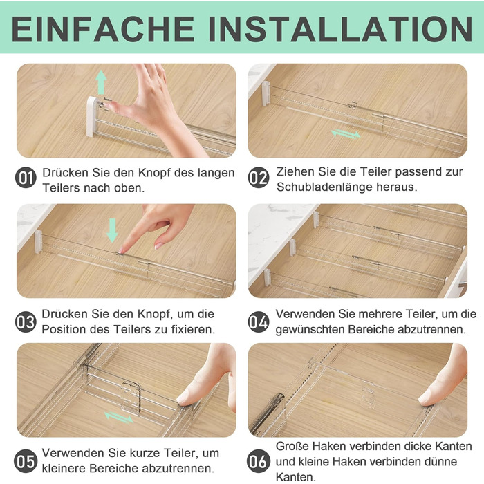 FUNIZE Adjustable Drawer Dividers with Inserts, 8 Piece, 32-58cm Long Dividers with 16 Piece 9-18cm Inserts, Expandable Drawer Organizer for Kitchen, Bedroom, Office Storage