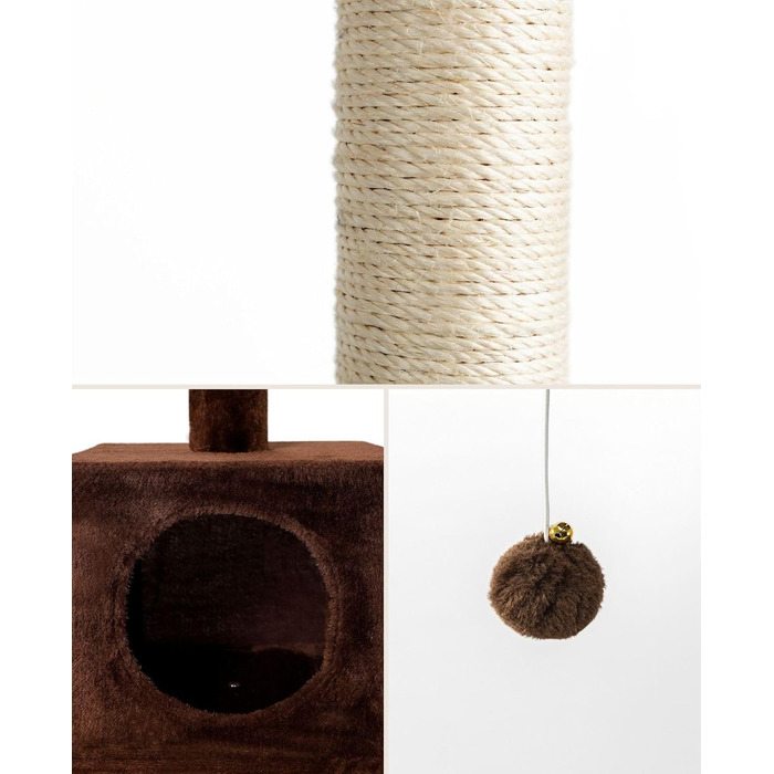Lionto Scratching Post for Cats with Cave and Plush Ball incl. Bell, Height 85 cm, Cat Tree with Sisal & Plush, Cozy Lying Areas & Cave, Suitable for Small & Large Cats, (Brown (with nameplate))