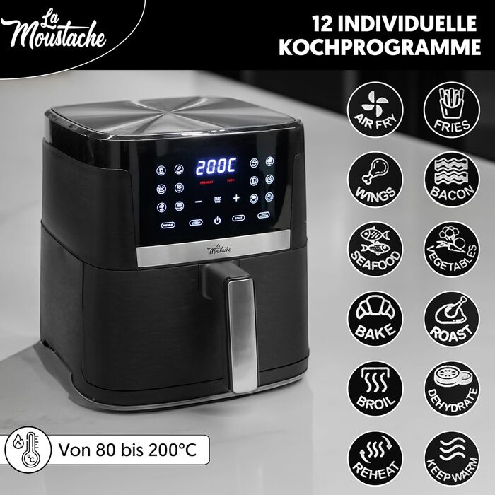La Moustache Heißluftфритюрниця 7 л, без олії, 1800 Вт, 12 програм, цифрове керування, антипригарне покриття, таймер, книга рецептів, чорна