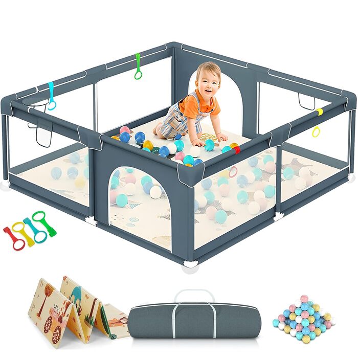 Дитячий манеж Laufstall 180x150 см з матрацом, 50 кульками, 4 ручками, блискавкою, кошиком і дихаючою сіткою, великий ігровий манеж для дітей з сумкою для зберігання, темно-сірий