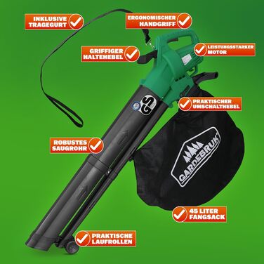 GARDEBRUK® Electric Leaf Blower 3-in-1 3000W Shoulder Strap 270km/h Wheels 45L Collection Bag Leaf Blower Shredder Garden Vacuum Green