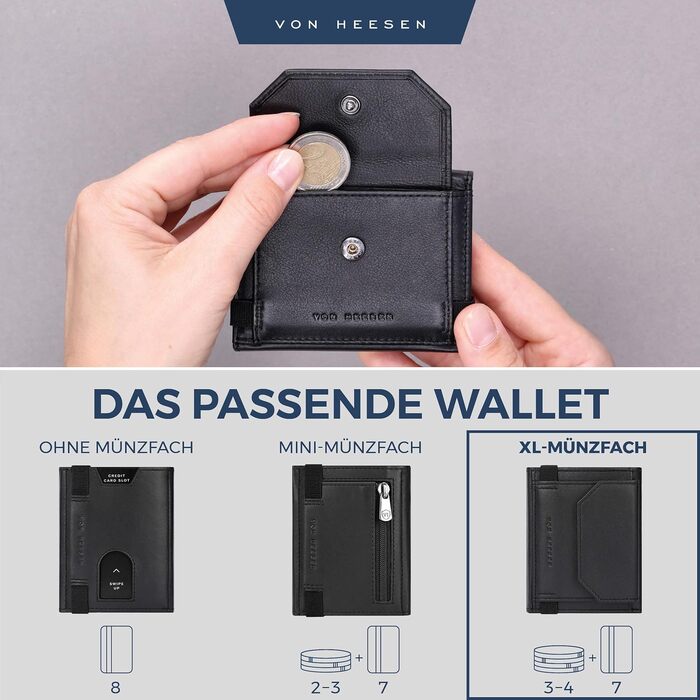 Шкіряний тонкий гаманець VON HEESEN з RFID-захистом, компактний картхолдер для чоловіків та жінок, чорний (гладка шкіра, XL відділення для монет)