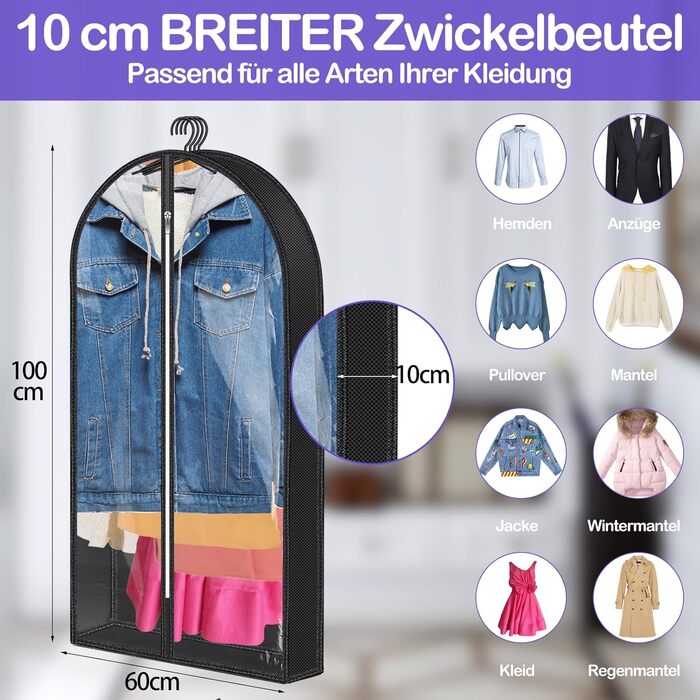 Чохли для одягу 3 шт. Преміум, дихаючі, на блискавці, 100x60 см, чорні. Для зберігання та подорожей.