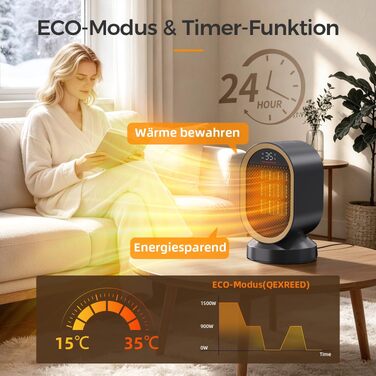 Керамічний обігрівач повітря QEXREED 1500W з PTC-нагрівачем, енергоощадний електричний тепловентилятор з ECO-режимом