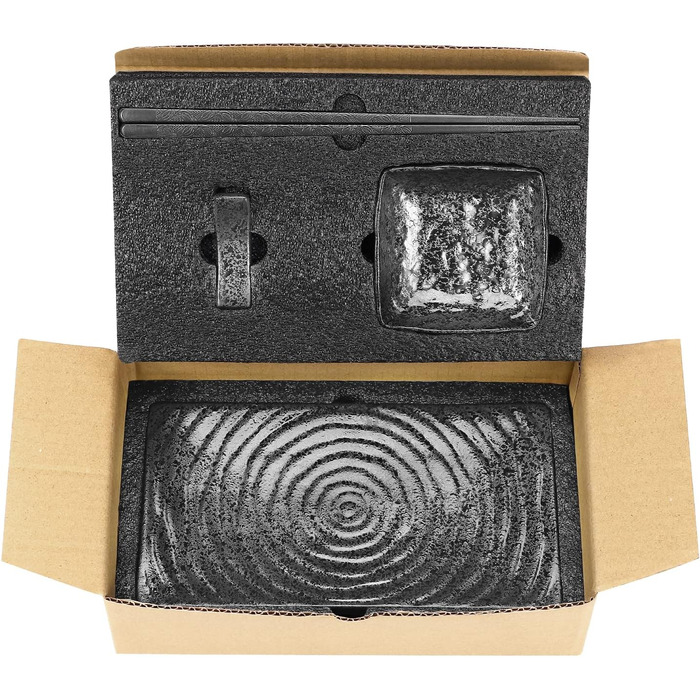 Набір посуду Юда Суші з кераміки, 8 предметів – японський посуд для 2 осіб (2 тарілки, миски для соєвого соусу, палочки та підставка) – високоякісна кераміка, придатний для мікрохвильової печі та миття в посудомийній машині – елегантний подарунок (1 набір