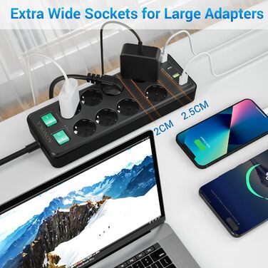 Мережевий фільтр 8 розеток з USB C, USB A, захистом від перенапруги, адаптер розеток, з двома вимикачами, кабель 1.5м, чорний