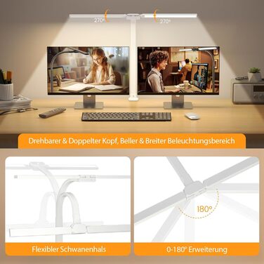 LED лампа настільна з двома головками, регульована яскравість, кріплення на струбцині, захист очей, денне світло, для офісу та ПК, RGB