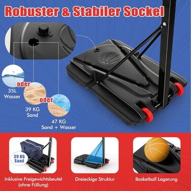 COSTWAY Adjustable Height Basketball Stand - Outdoor Basketball Hoop with Stand & Wheels, Weighted Base, Mobile Basketball System for Kids & Teens - Includes Ball & Pump