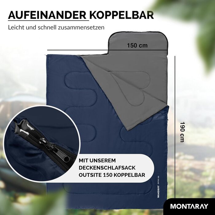 Montaray® Hooded Sleeping Bag -3°C - Outdoor Winter & Summer Sleeping Bag for Hiking, Camping & Hut Use - Warm Sleeping Bag for Men & Women (Blue, 280GSM, 75 x 220cm)