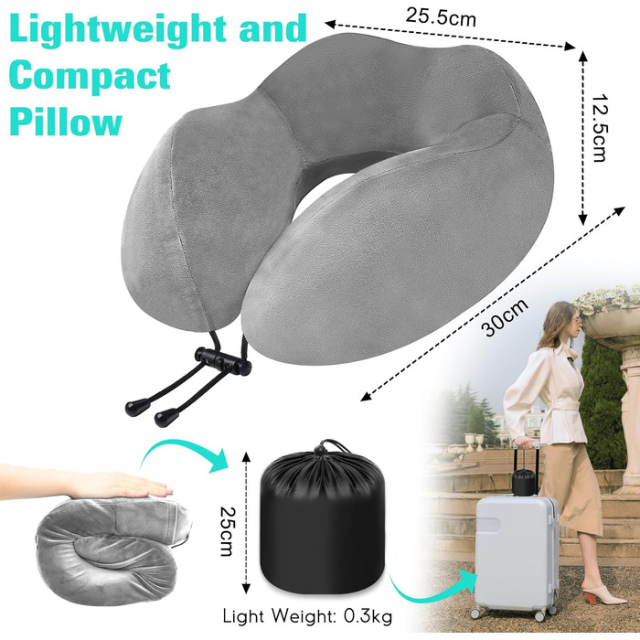 Подушка для шиї у вигляді звірка, Memory Foam, для дорослих, з маскою для сну та берушами, для подорожей, літака, офісу, авто, поїзда (Сіра)