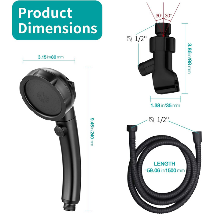 MIAOHUI Modern Handheld Showerhead with On/Off Switch, High-Pressure Showerhead with Handheld, 3 Spray Settings, Detachable Showerhead with Hose, Adjustable Angle Shower Holder (Brushed Nickel) (Black)