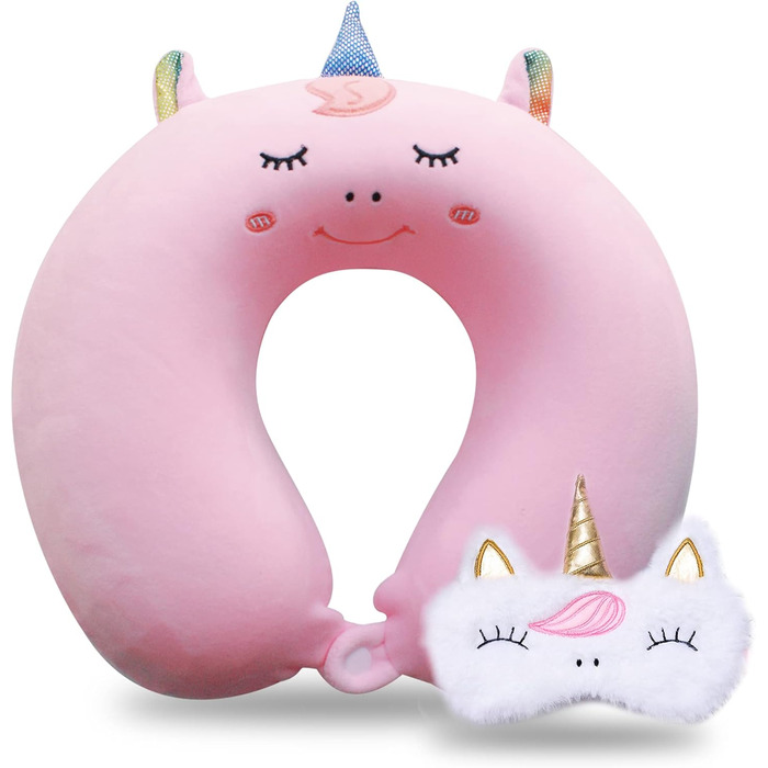 Дитяча подушка для подорожей з маскою для сну, м'яка подушка для шиї з memory foam, рожева, єдиноріг