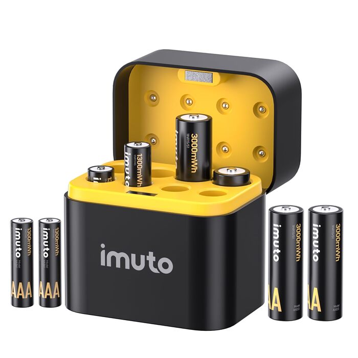 Набір акумуляторів imuto 1.5V Li-ion (4x AA 3000mWh + 4x AAA 1300mWh) зі смарт-зарядним кейсом, висока ємність, 1600 циклів зарядки