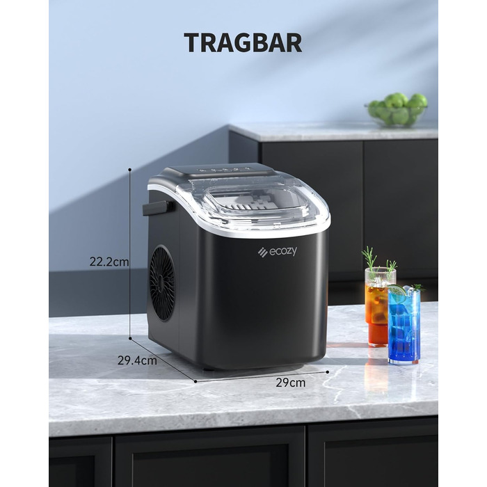 Машина для приготування льоду Ecozy - швидка та компактна, 9 кубиків за 6 хвилин, 12 кг/24 год, самоочищення, 2 розміри кубиків, для офісу, дому, бару та вечірки, чорний