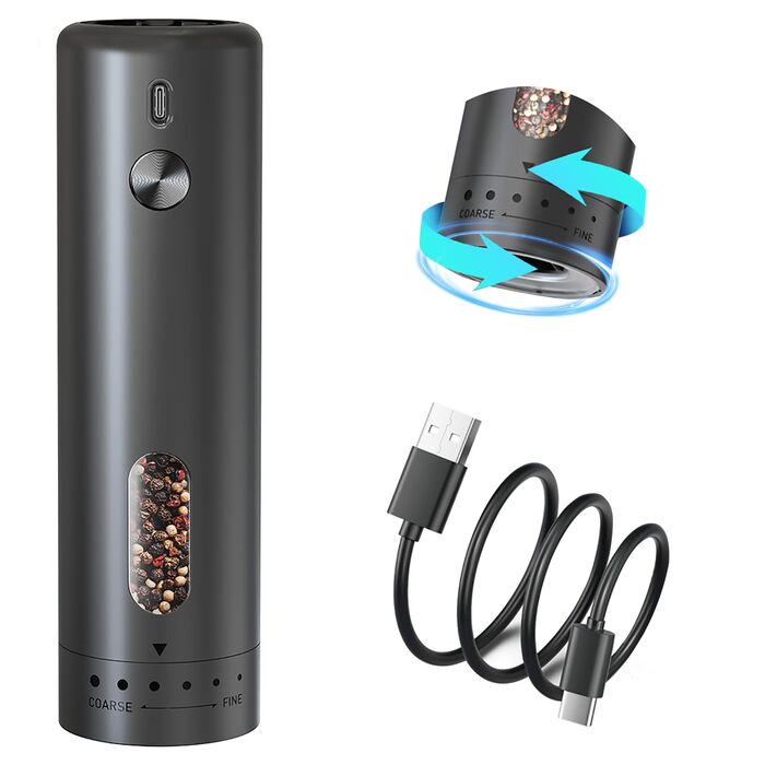 Електричний набір для солі та перцю з зарядною станцією, об'єм 110 мл, перезаряджувана солянка з 5 рівнями, керамічна млинка з щіткою (1 шт. чорний)