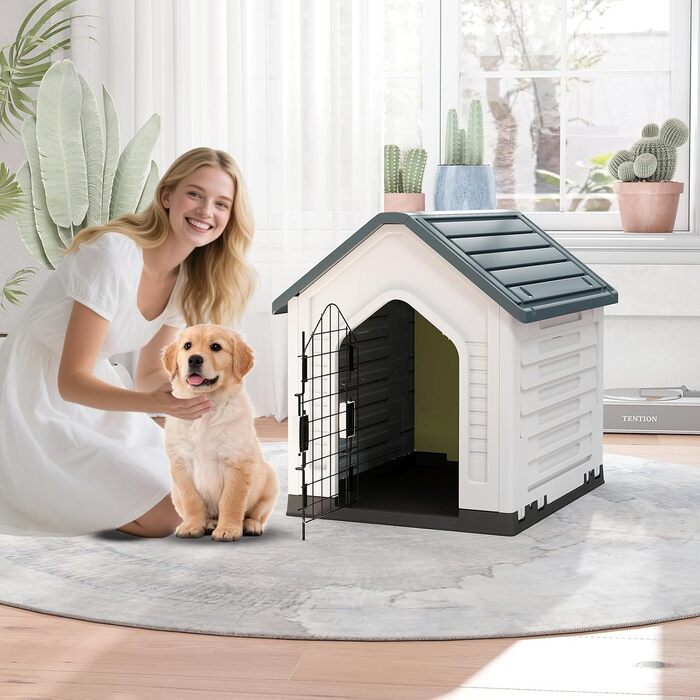 Будка для собак GOPLUS Outdoor, вологостійка з закривною решітчастою дверцятами та піднятим дном, вентиляційні отвори, похила дах, клітка для собак Indoor, будиночок для домашніх тварин для собак та котів (Сірий)