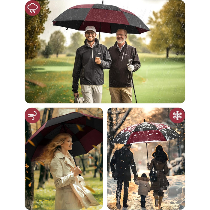 TECKNET Головний парасолька велика XXL, гольф-парасолька 68 дюймів, стійка до вітру, з подвійною конструкцією, вентильована, з великою ручкою EVA, для жінок та чоловіків, чорна та червона, діаметр 150 см
