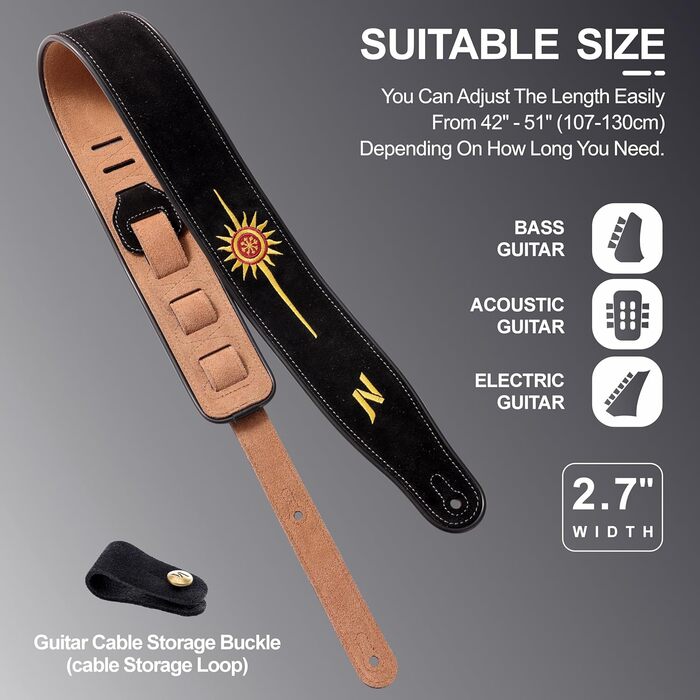 Гітарний ремінь Nefelibata з вишивкою 'n', 2.7', з баварської шкіри, з шампуруванням, для акустичної, бас та електрогітари (Золоте Сонце)
