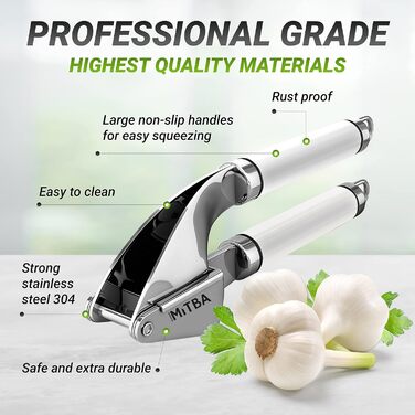 MiTBA Garlic Press Set with Non-Slip Grips - Includes Silicone Tube Peeler & Cleaning Brush