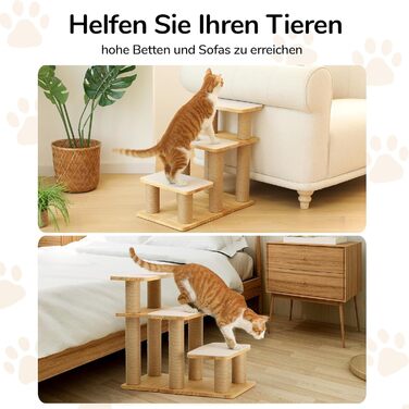 Сходинки для собак FUKUMARU: 3 сходинки з натурального дерева та джуту, регульована висота 18-51 см, витримують до 90 кг, знімний м'який підвішун