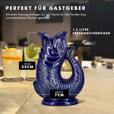 Water Carafe Ceramic Pitcher in Fish Shape - 1.5 L, Dark Blue - Fish Carafe with Gurgling Sound for Fun Pouring of Water, Wine & More - Bubble Jug Carafe Fish - Fish Pitcher