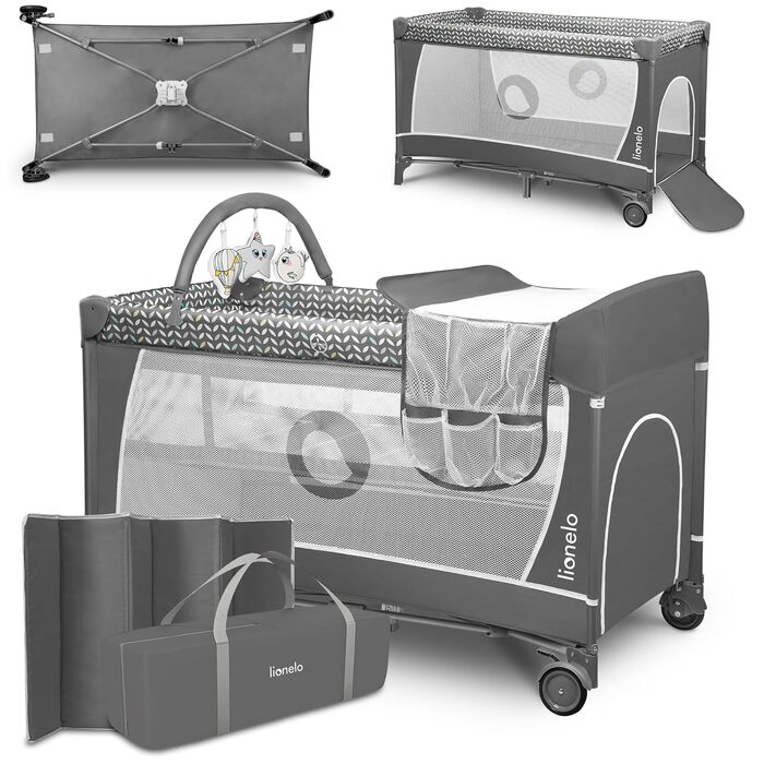 Lionelo Flower 4in1 Travel Cot Baby, Playard Baby with Side Entrance, Changing Table, Two Mattress Suspension Heights, Play Arch with Figures, Wheels, Carry Bag 1 Piece (1-Pack) Grey