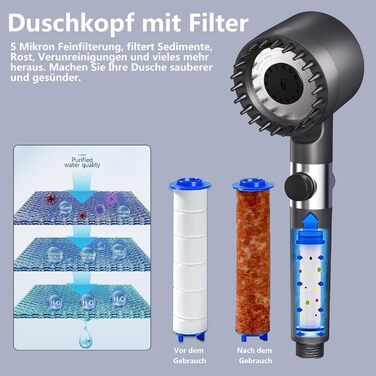 Фільтр для душу з високим тиском, ручна лійка з шлангом, 4 режими, економія води, видаляє хлор та бактерії (DY-001, сірий з сріблястим)