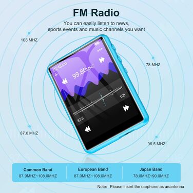 MP3 плеєр SWOFY з Bluetooth 5.3, 64GB HiFi музичний плеєр з динаміком, FM-радіо та диктофоном, 2.4
