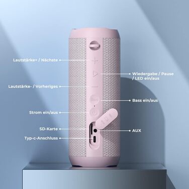Bluetooth портативна колонка RIENOK з підсвіткою, IPX7, рожева, 3600 mAh