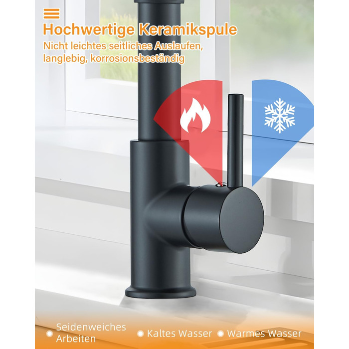 Кухвонний змішувач Hbronzeshower з висувною лійкою, 360° поворот, нержавіюча сталь, чорний