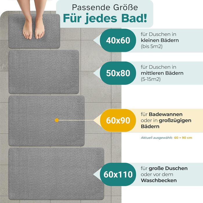 Гігієнічний килимок для ванної кімнати 90x60 см, протиковзкий та вологопоглинаючий дівір для душу, що швидко сохне, світло-сірий