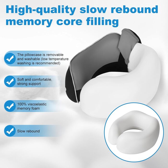 Ортопедична подушка для шиї з memory foam - підтримка 360°, для подорожей (літак, авто, поїзд), знімний плюшевий чохол, у комплекті: чохол для перенесення, навушники та маска для сну