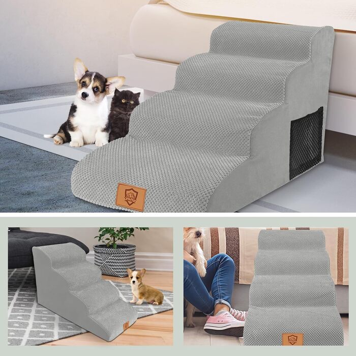 Dog stairs for small dogs, 4 steps pet stairs made of foam with waterproof cover, removable dog ramp cat stairs for sofa bed, send 1 lint roller