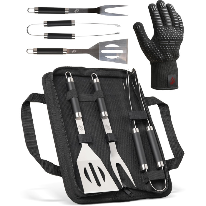 HORUS 23 Набір аксесуарів для гриля – 4 предметний набір: щипці, лопатка, виделка та термостійкий рукавичка