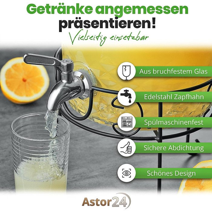 Glass Giraffe - Drink Dispenser with Stainless Steel Tap and Stand - 8 Liter - Water Dispenser - Carafe for Punch and Cocktails - Glass Lemonade Dispenser - Glass Vat