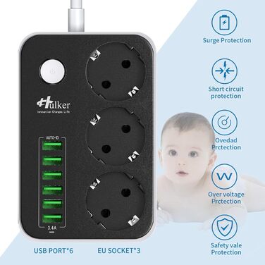 Багаторозкладна мережева панель HULKER з 3 розетками та 6 USB-портами, захист від перенапруги, 1.6 м, універсальна