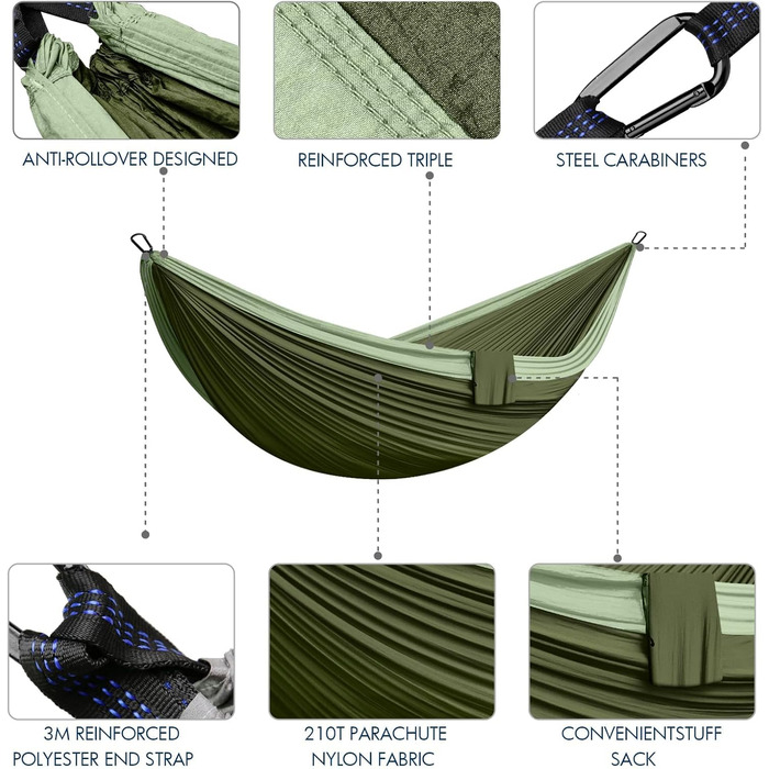 Гамак для відпочинку на природі та кемпінгу: двомісний, 300 x 200 см, ультралегкий, до 300 кг, нейлон, дихаючий, зелений